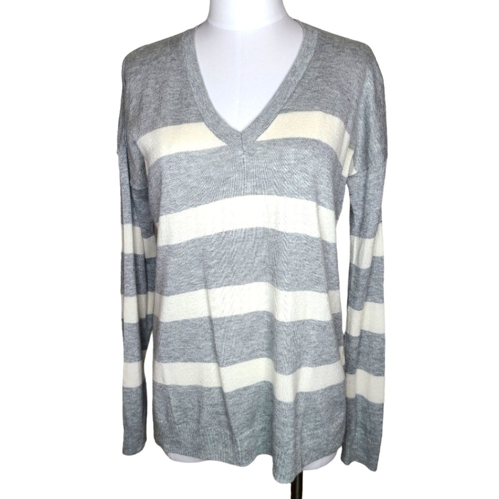 GAP Merino Blend V-neck Wide Stripe Lightweight Sweater Heather Gray White S